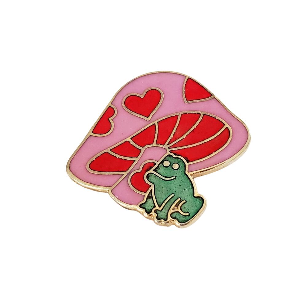 Vintage W Berrie 1980 Groovy Mushroom & Hearts Tiny Frog Enamel Pin Brooch Gold